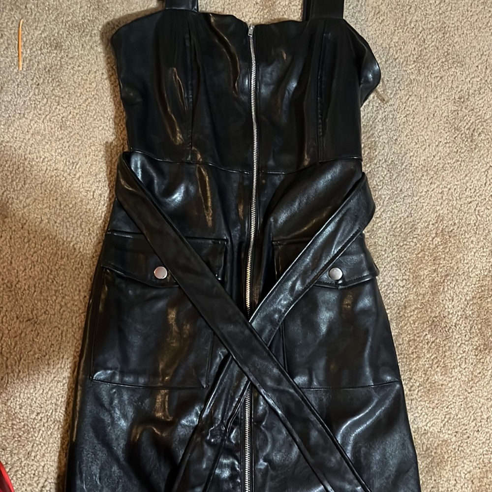 Faux Leather Mini dress. Haute Monde. Black zip up with two pockets